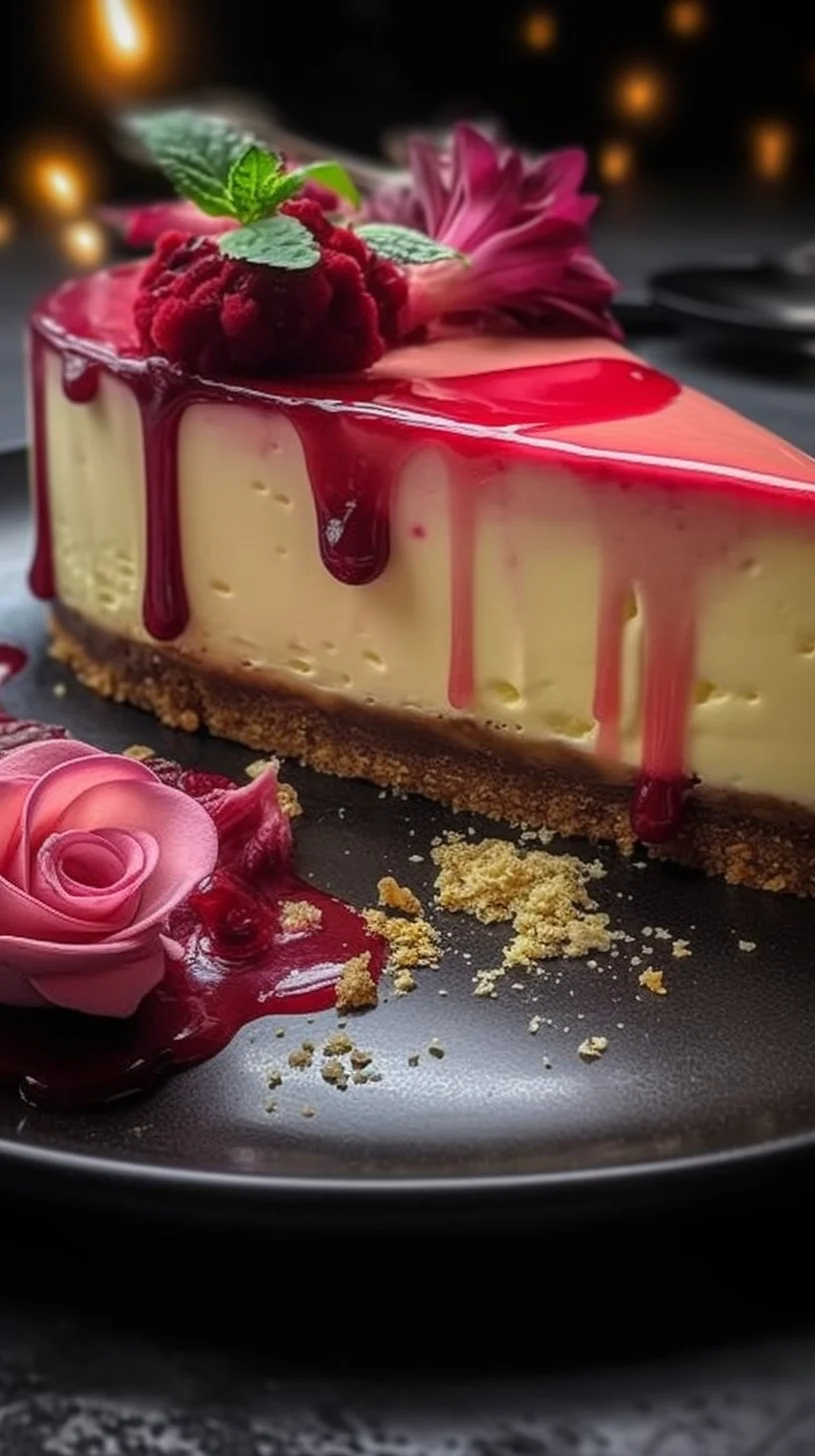 Slice of rhubarb cheesecake topped with fresh rhubarb