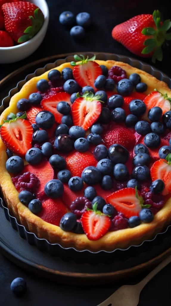 Delicious Strawberry Blueberry Cake topped with fresh strawberries and blueberries