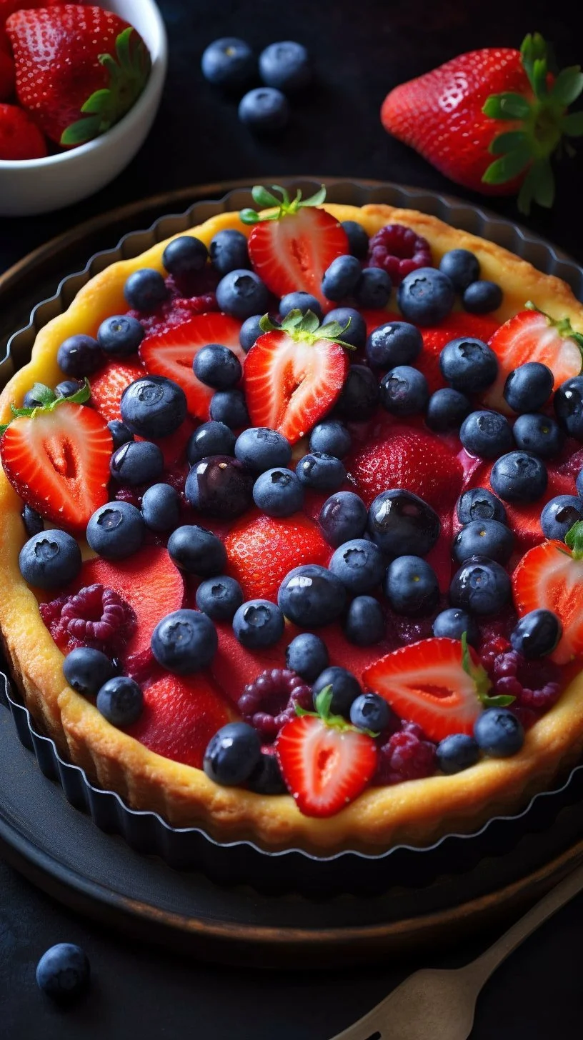 Delicious Strawberry Blueberry Cake topped with fresh strawberries and blueberries