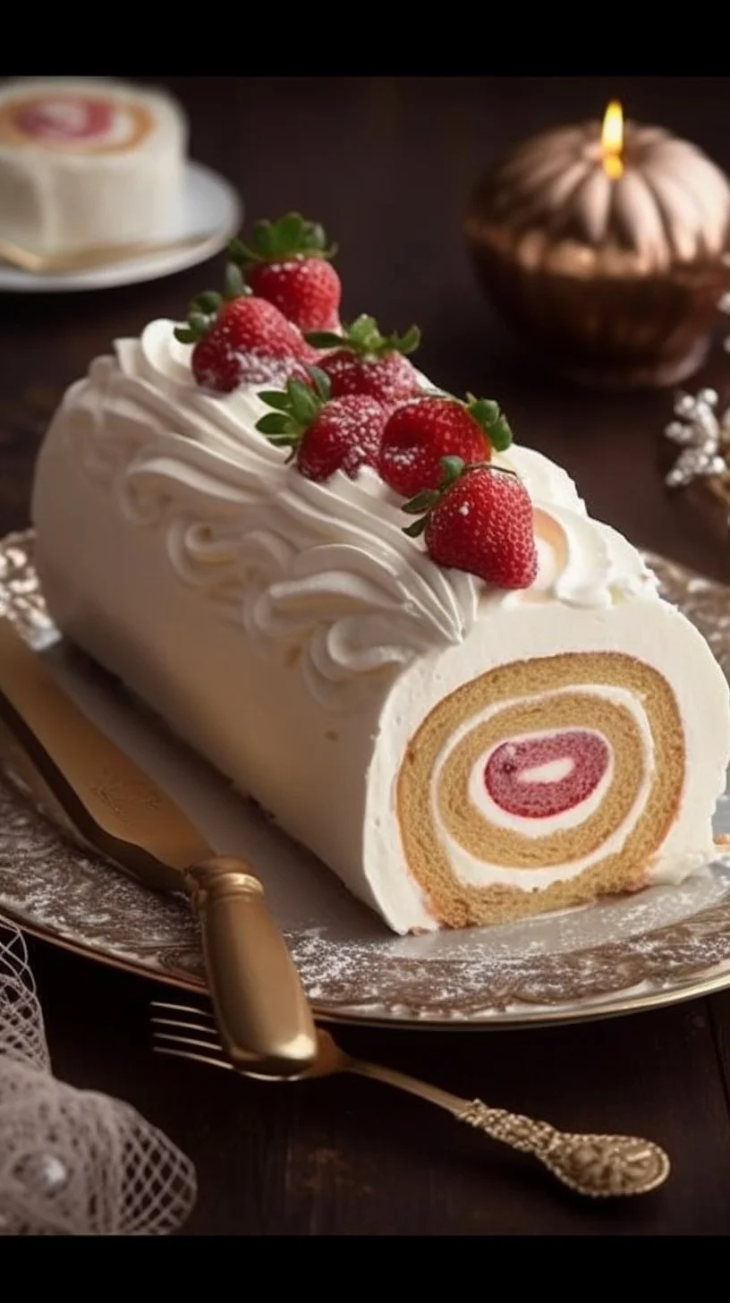 Festive Strawberry Christmas Roll Cake topped with whipped cream and fresh strawberries