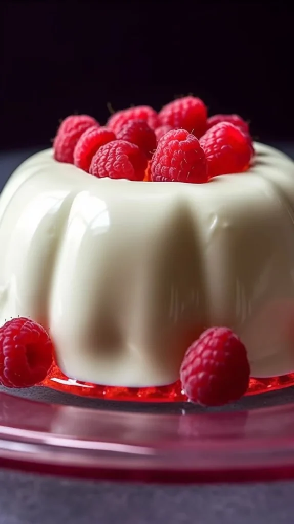 Vanilla blancmange dessert with fresh raspberries on top.