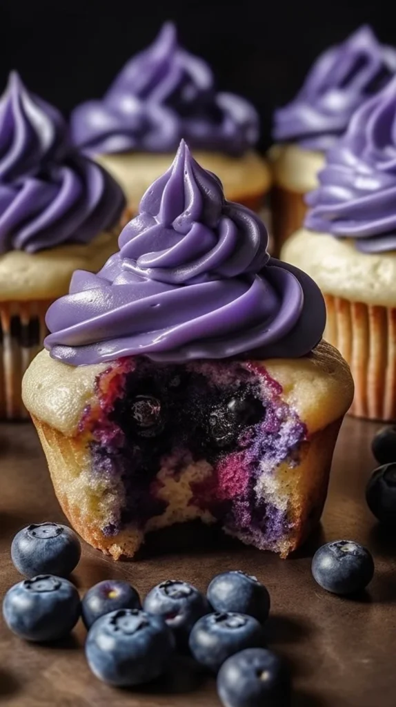 White chocolate blueberry cheesecake cupcakes topped with fresh blueberries and creamy frosting