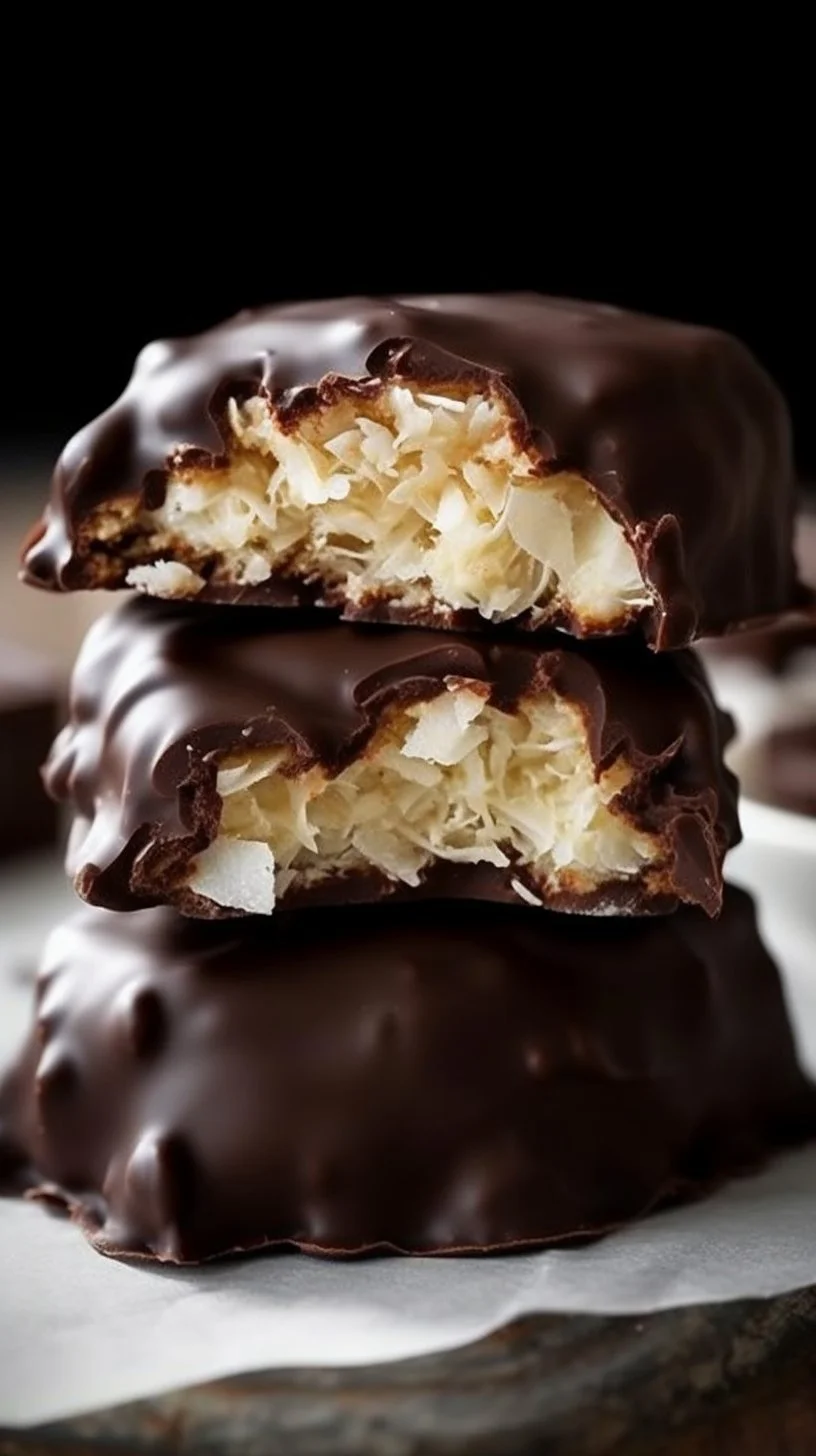 Delicious homemade Mounds Bars with chocolate and coconut