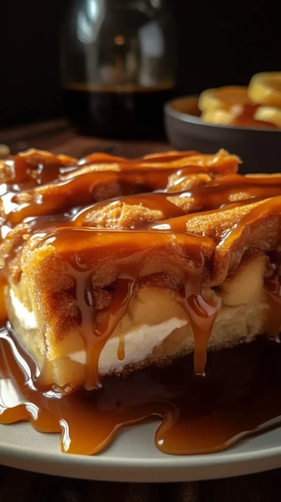 Delicious Apple Cinnamon Roll Lasagna layered with cinnamon rolls and apple filling.
