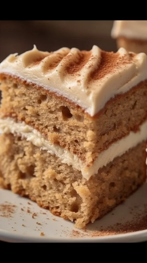 Delicious applesauce cake with cinnamon cream cheese frosting on a white plate