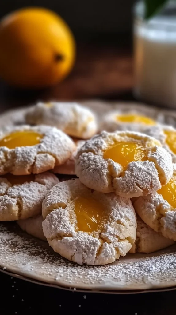 Bakery-style lemon meltaway thumbprint cookies decorated with lemon glaze