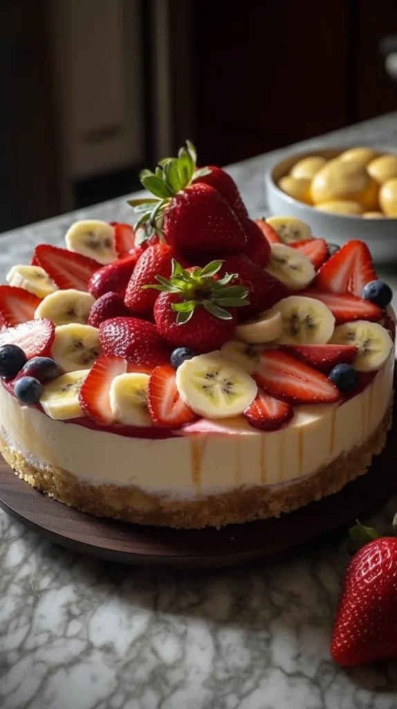 Delicious slice of Banana-Strawberry Cheesecake garnished with fresh strawberries