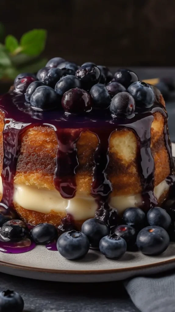 Blueberry Malva Pudding topped with creamy vanilla custard