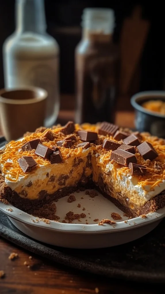Delicious Butterfinger Pie topped with crushed Butterfinger candy bars