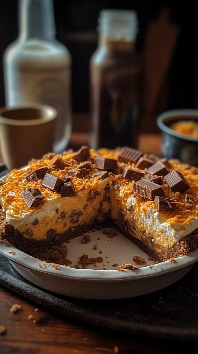 Delicious Butterfinger Pie topped with crushed Butterfinger candy bars