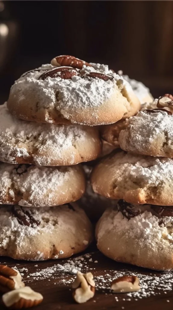 Buttery Pecan Snowball Cookies dusted with powdered sugar
