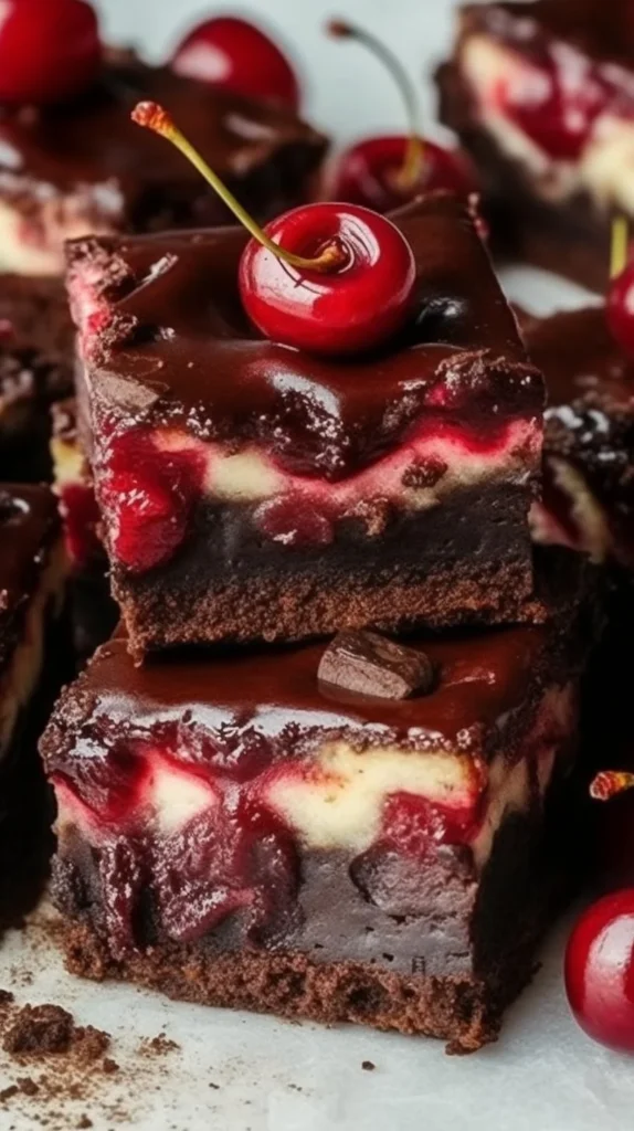 Delicious cherry cheesecake brownies with a creamy topping and cherry garnish.