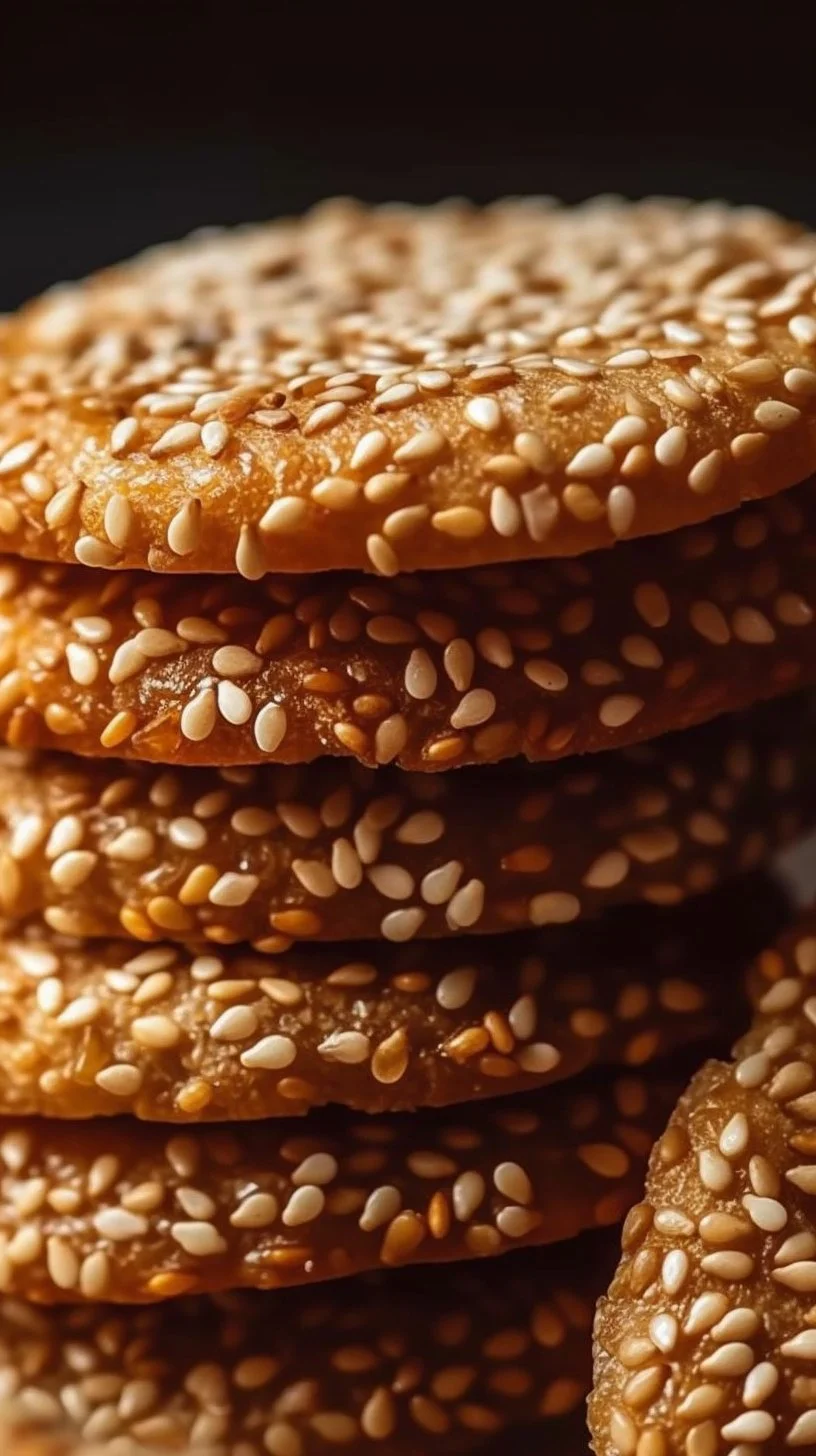 Chewy sesame honey cookies with a golden-brown exterior and sesame seeds on top.