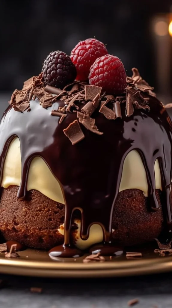 Chocolate and cream cheese cake topped with creamy frosting and chocolate shavings