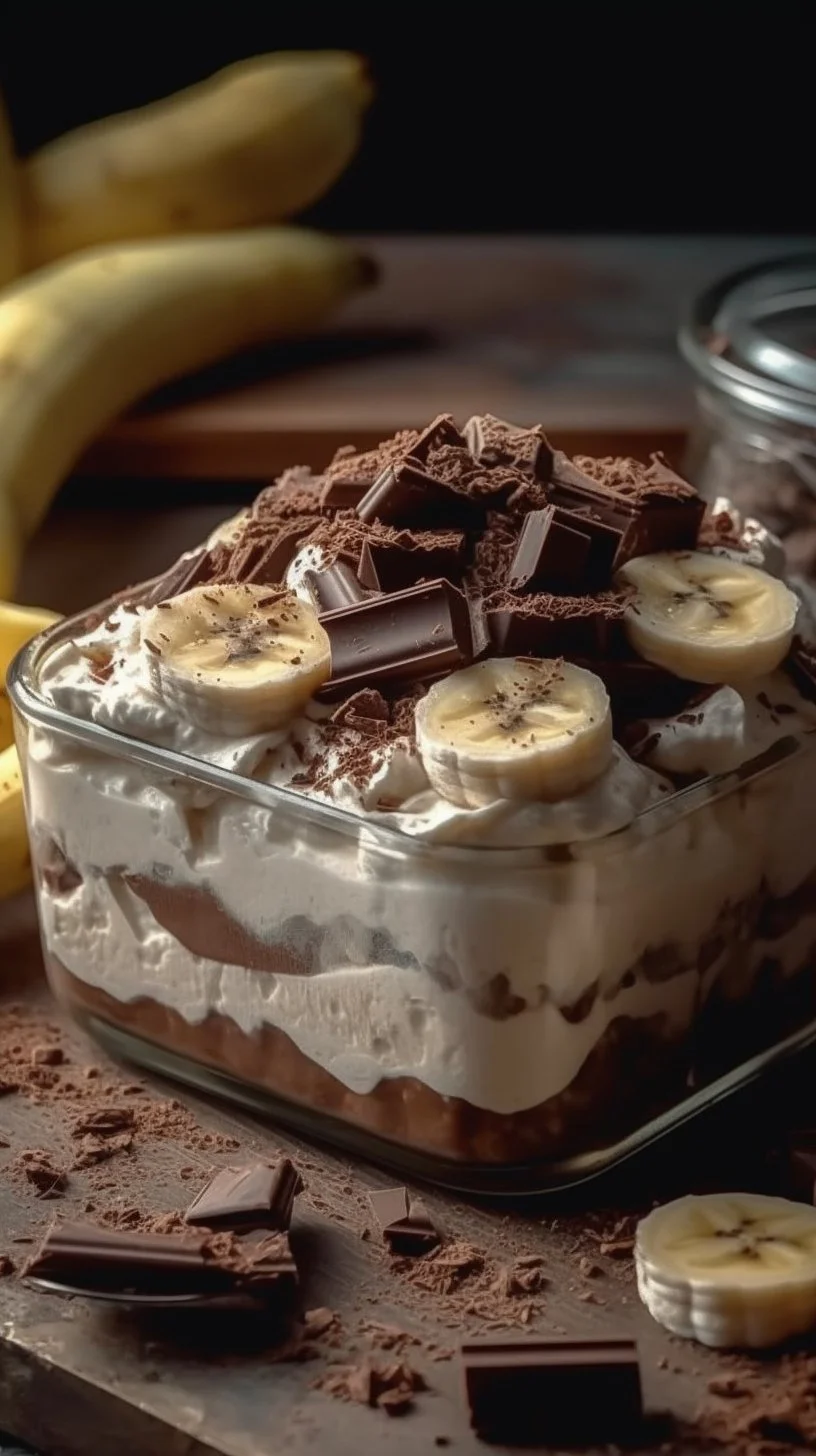 Delicious bowl of chocolate banana fluff dessert topped with banana slices.