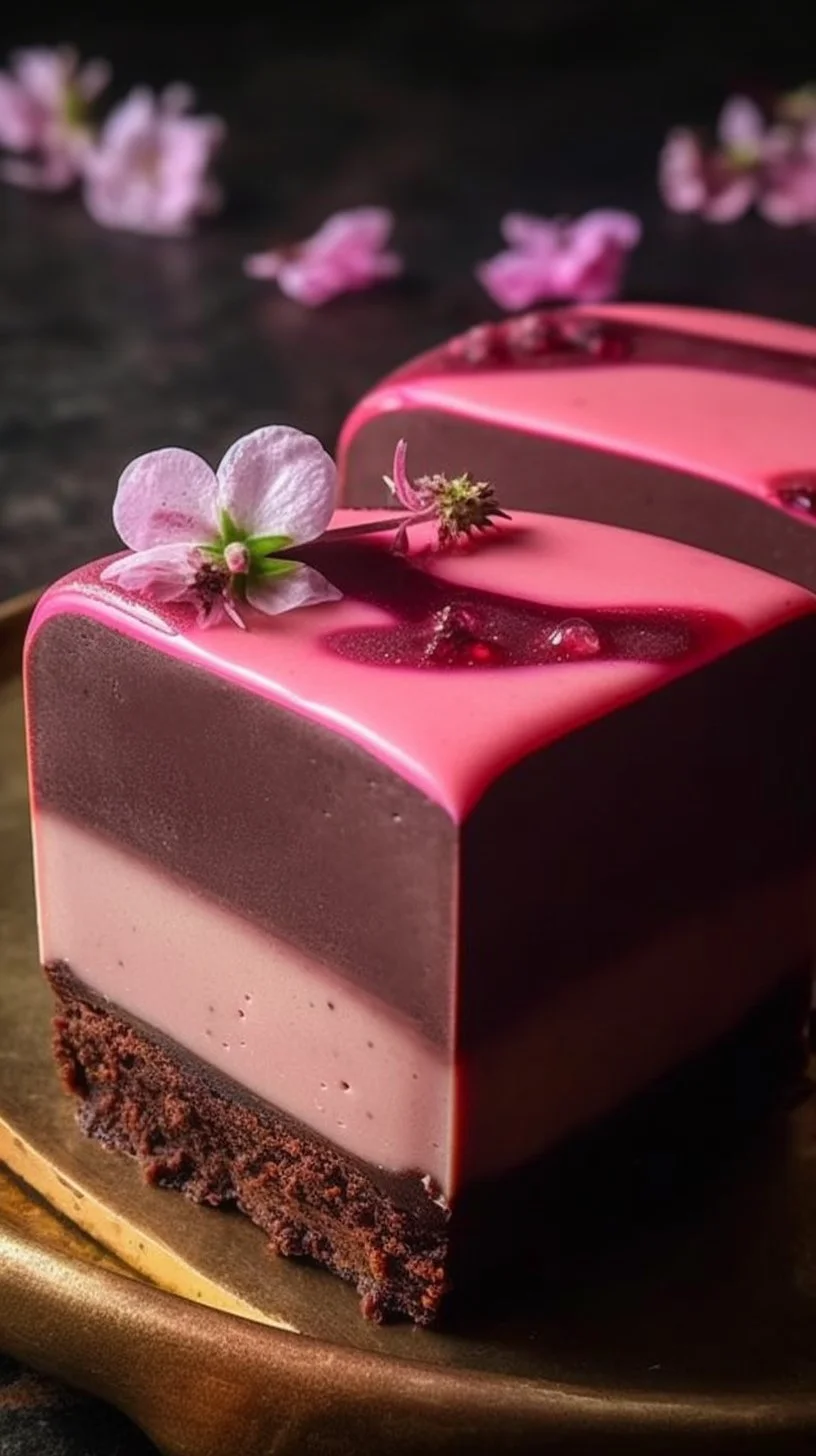 Chocolate brownies topped with raspberry ganache for a decadent dessert.