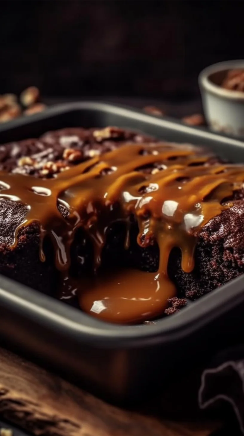 Delicious Chocolate Caramel Dump Cake topped with caramel and chocolate drizzle