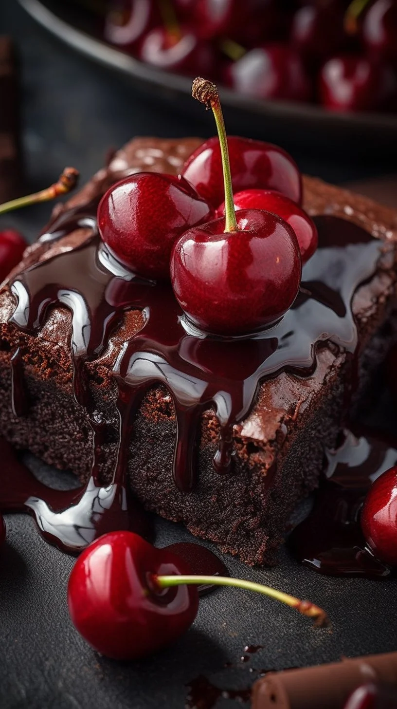 Delicious Chocolate Cherry Brownies topped with cherries and chocolate drizzle