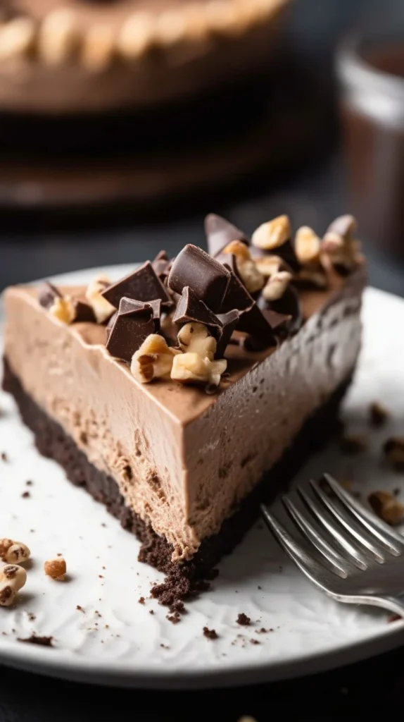 Delicious slice of Chocolate Heath Pie topped with crushed Heath bars