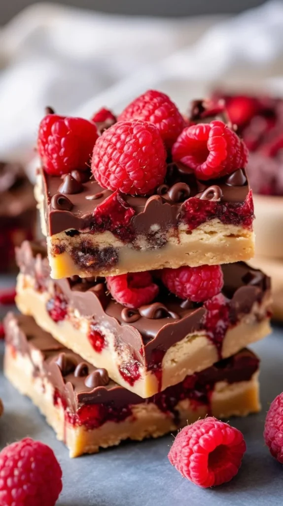 Delicious chocolate raspberry crumb bars with a crumbly topping and fruit filling