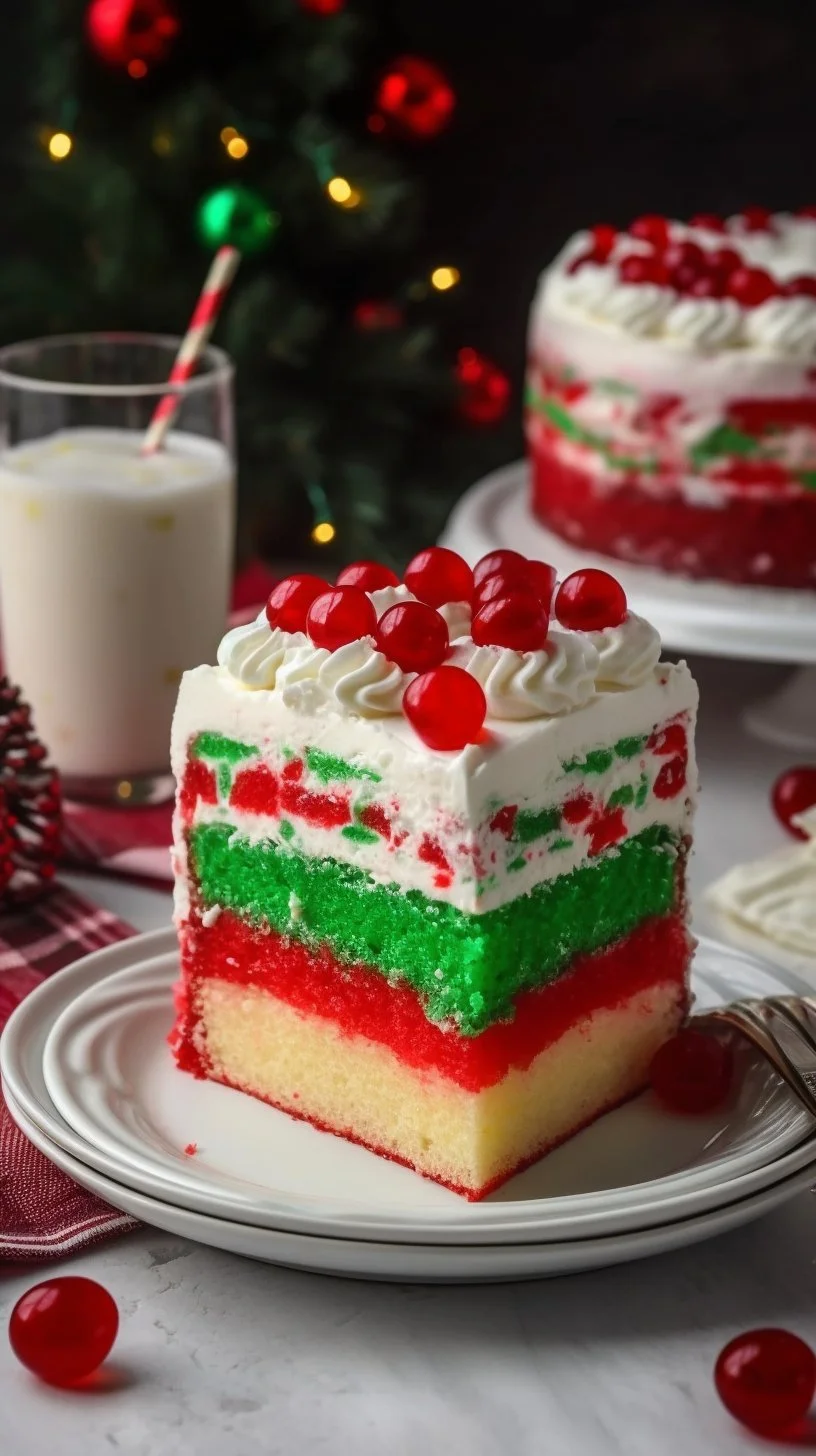 Christmas Jello Poke Cake with colorful jello layers and festive decorations.