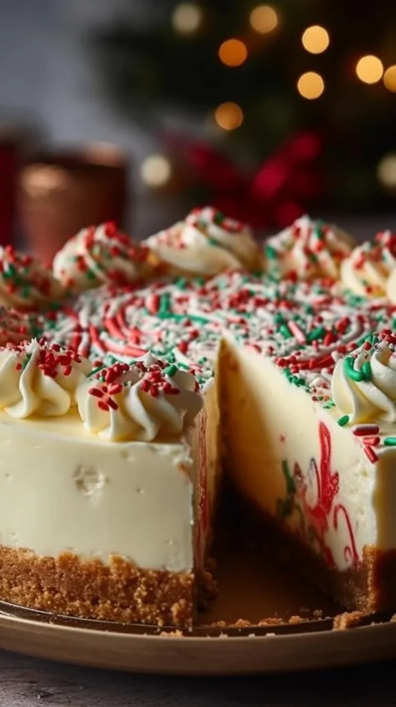 Delicious Christmas Sugar Cookie Cheesecake topped with festive decorations
