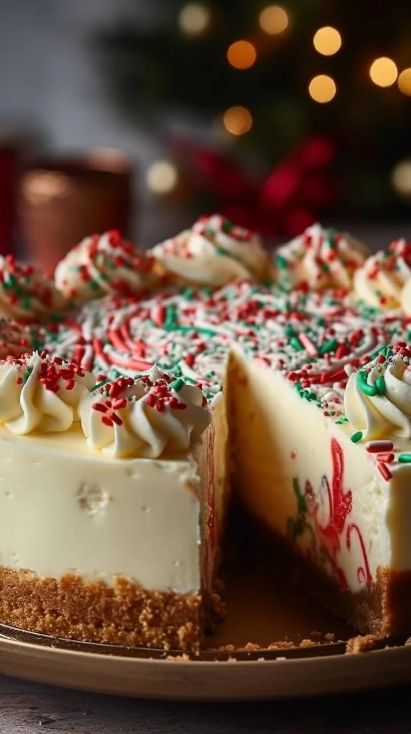 Delicious Christmas Sugar Cookie Cheesecake topped with festive decorations