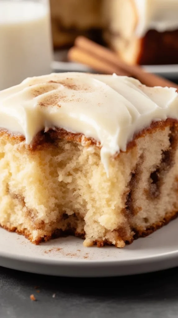 Delicious Cinnamon Poke Cake topped with creamy frosting and cinnamon drizzle