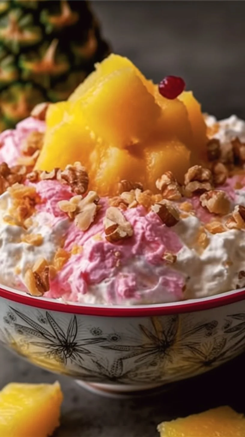 Delicious Cool Whip Pineapple Fluff dessert topped with pineapple chunks