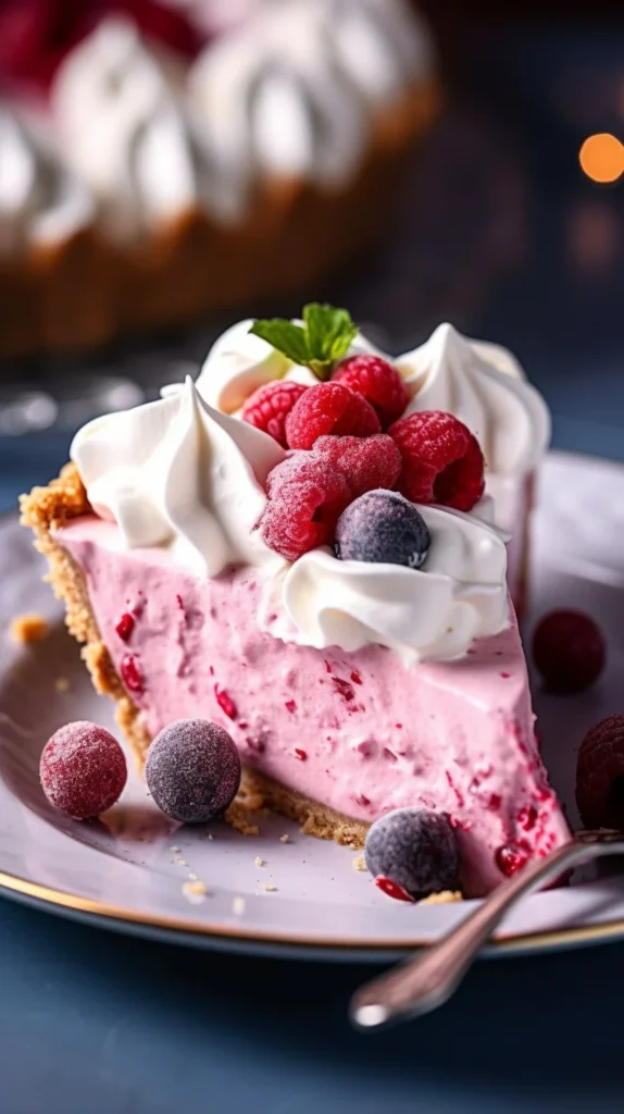 Delicious cranberry mousse pie with a creamy topping and cranberry garnish