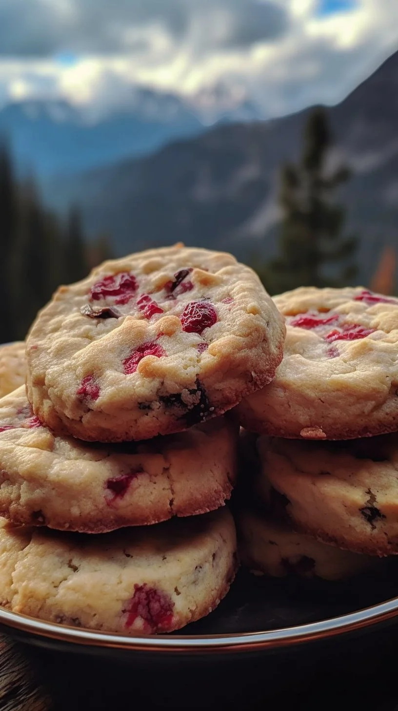 Cranberry orange shortbread cookies on a plate with a festive background.