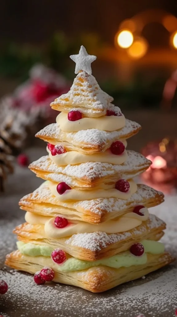 Cream & Jam Puff Pastry Trees displayed on a festive table