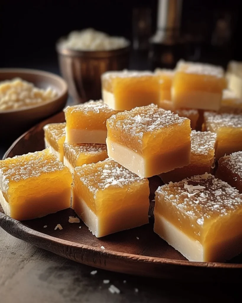 Slice of decadent coconut mochi cake with a coconut topping on a white plate