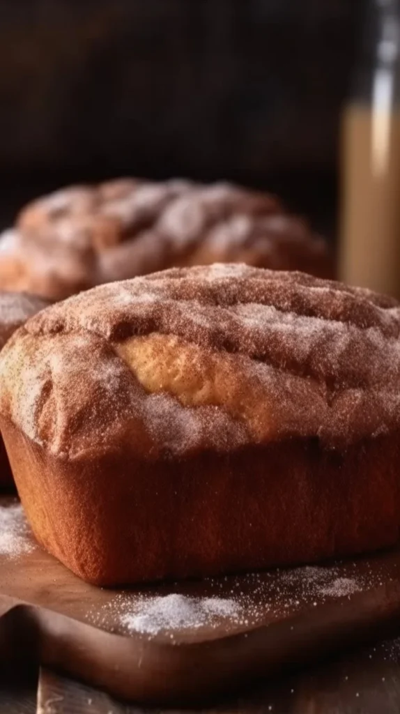 Freshly baked cinnamon donut loaf on a wooden table