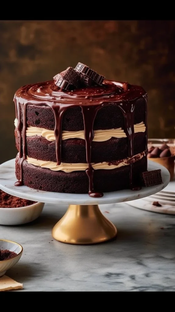 Deliciously decadent Devil's Food Black Forest Cake topped with cherries and whipped cream