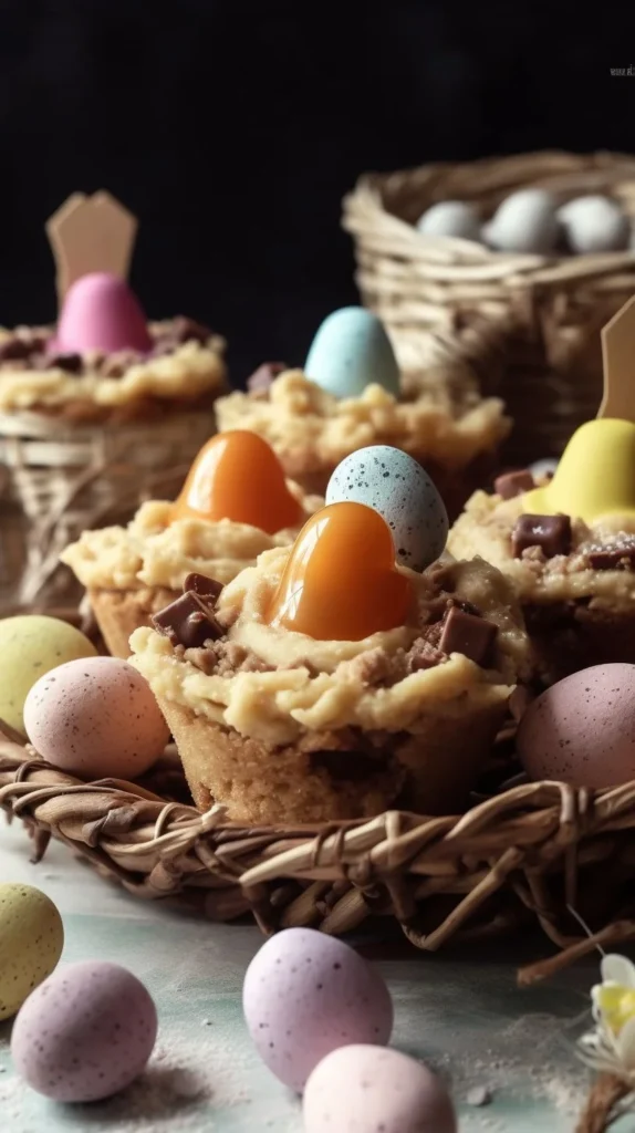 Easter Basket Cookie Cups decorated with colorful candies and edible grass.