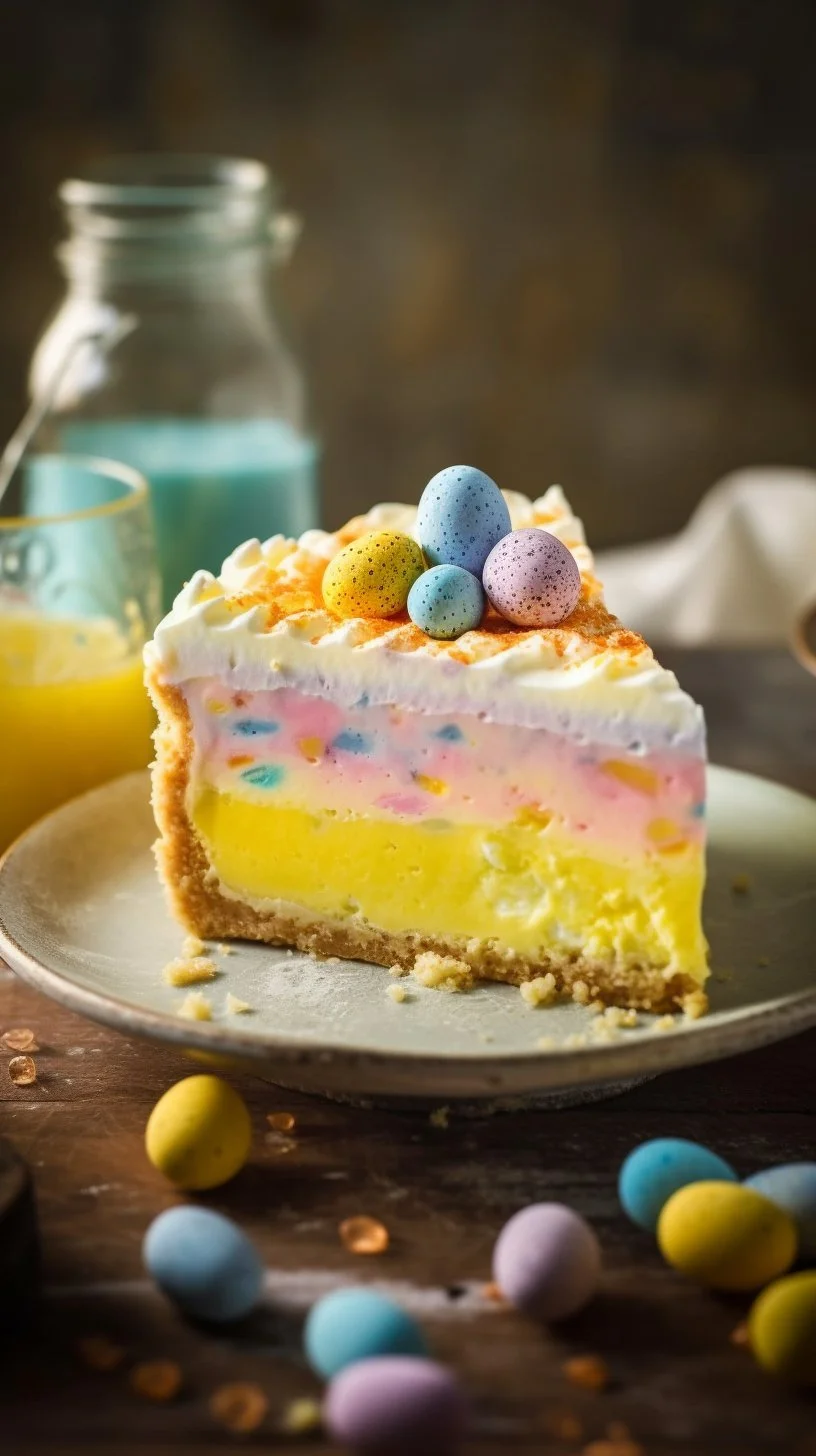 Colorful Easter Jell-O Pie served with whipped cream.