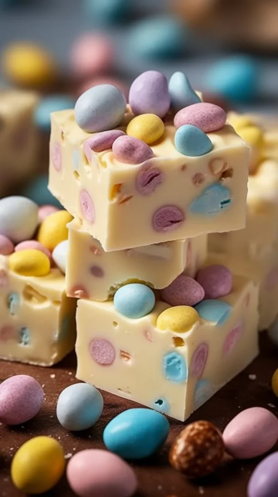 Easter White Chocolate Fudge topped with Mini Eggs, a festive treat