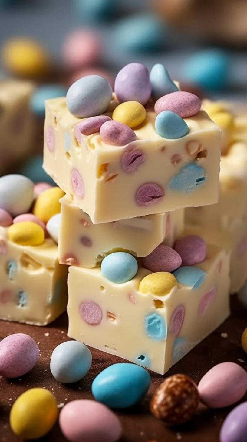Easter White Chocolate Fudge topped with Mini Eggs, a festive treat