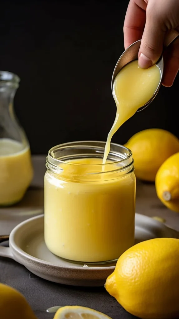 Homemade lemon curd in a jar with fresh lemons