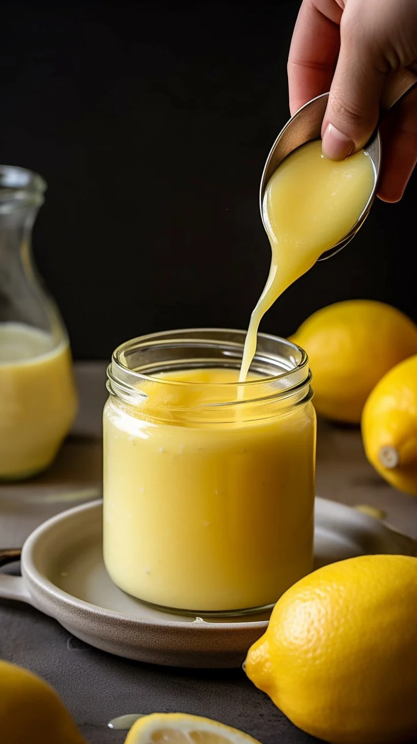 Homemade lemon curd in a jar with fresh lemons