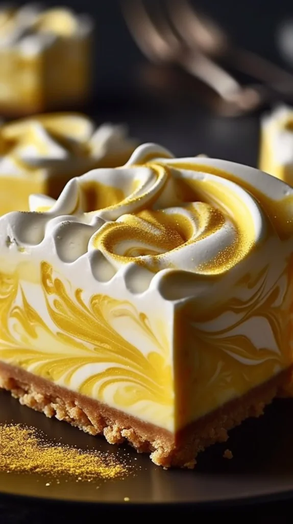 Elegant lemon marbled cheesecake bars on a white plate, garnished with lemon zest.