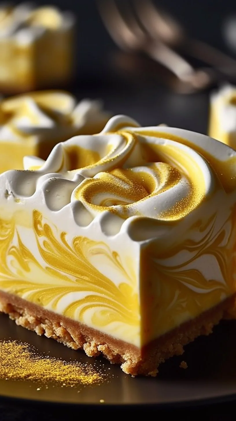 Elegant lemon marbled cheesecake bars on a white plate, garnished with lemon zest.