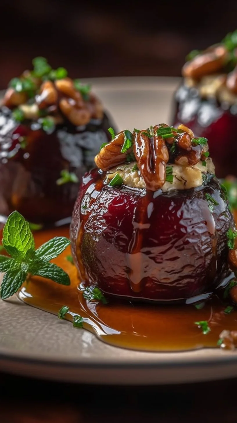 Feta-Parmesan stuffed dates topped with honey and walnuts, a delicious appetizer.