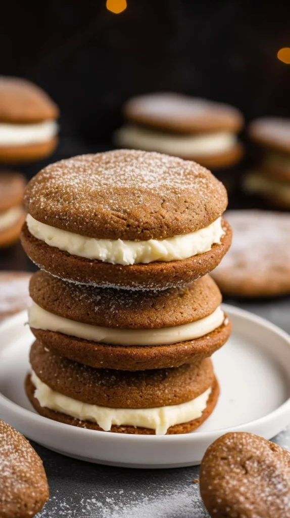 Gingerbread sandwich cookies with lemon buttercream filling on a festive table