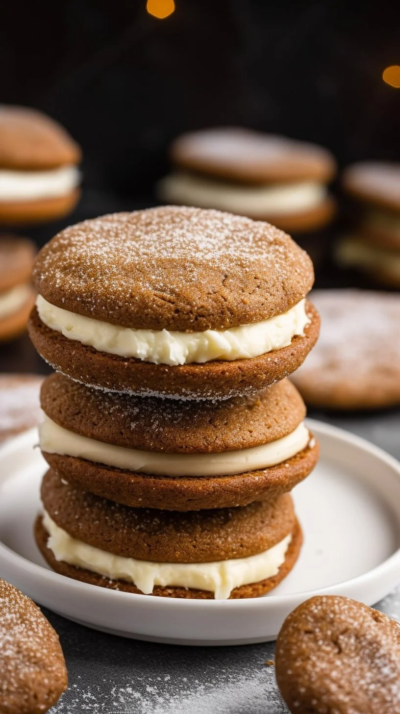 Gingerbread sandwich cookies with lemon buttercream filling on a festive table