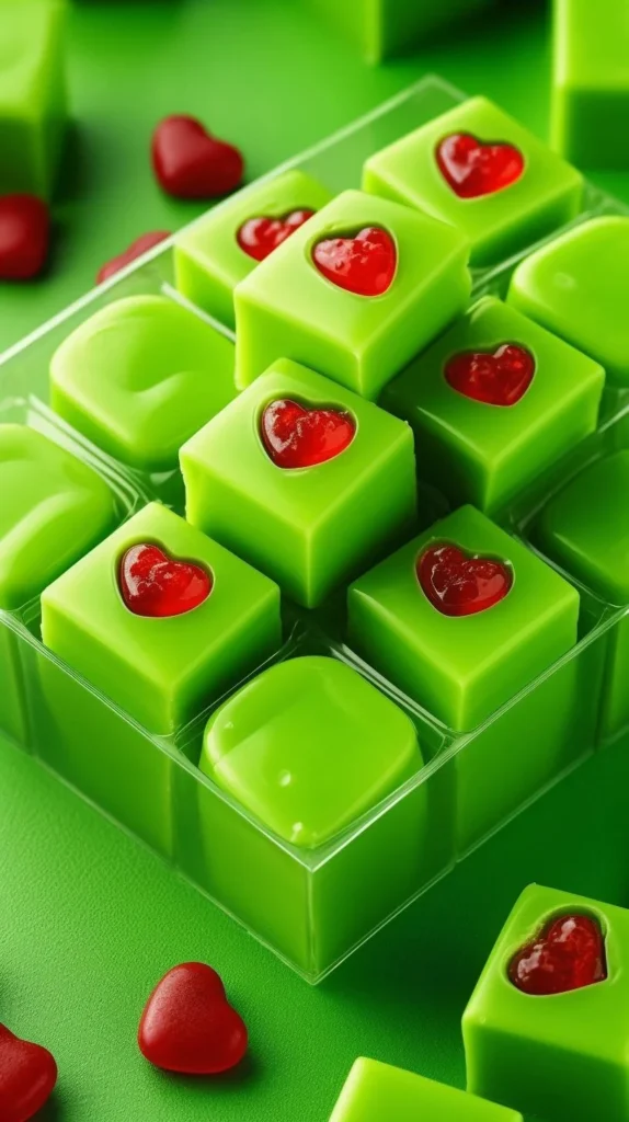 A festive plate of Grinch Fudge decorated with red and green colors for the holidays