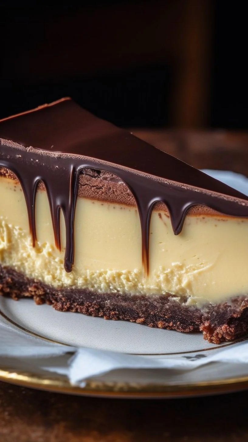 Slice of Heavenly Boston Cream Pie Cheesecake with chocolate and cream topping