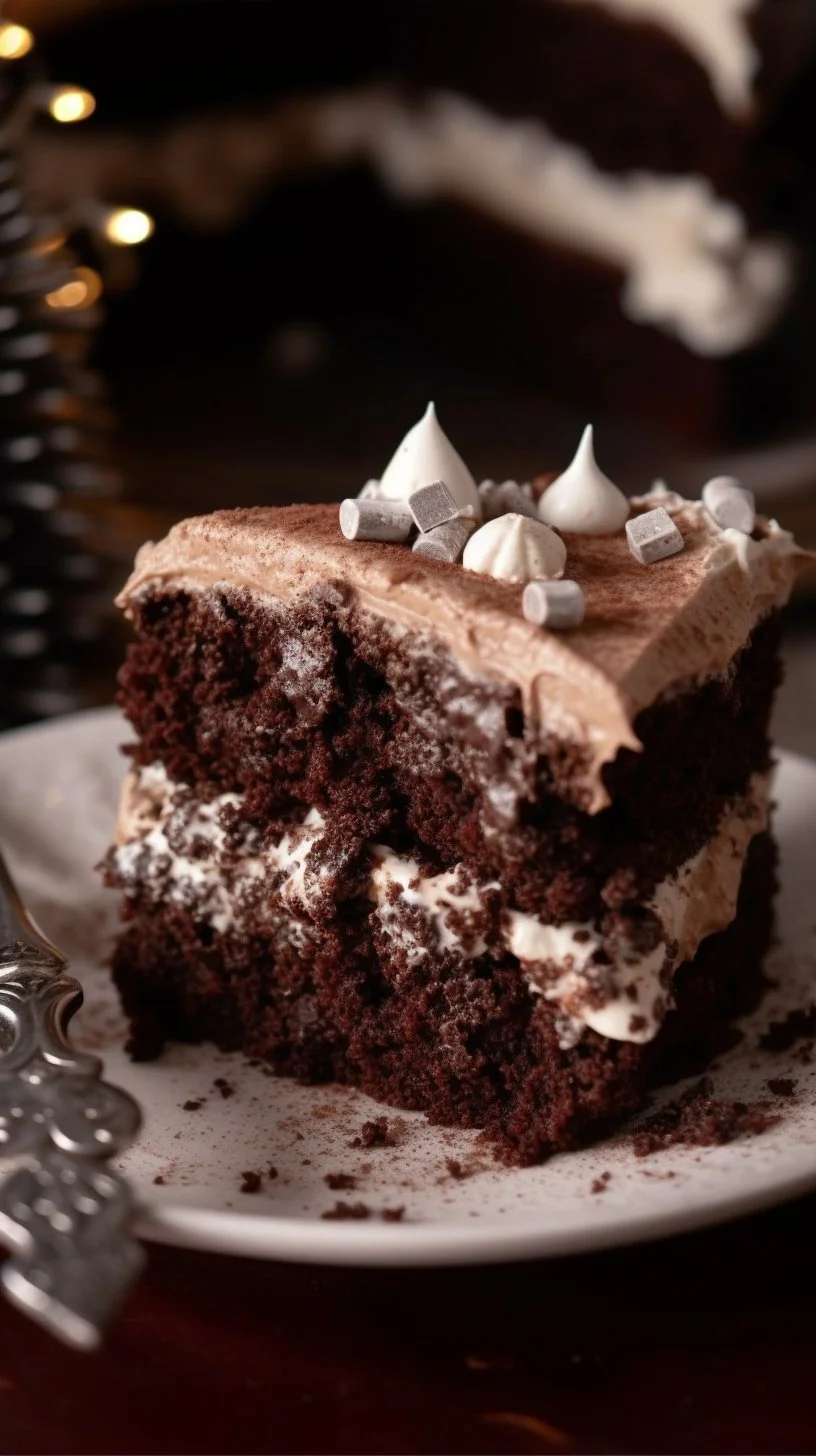 Delicious Hot Cocoa Poke Cake topped with whipped cream and chocolate drizzle
