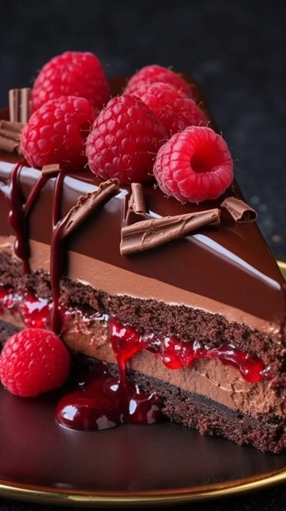 Decadent chocolate raspberry tart with rich layers of chocolate and fresh raspberries